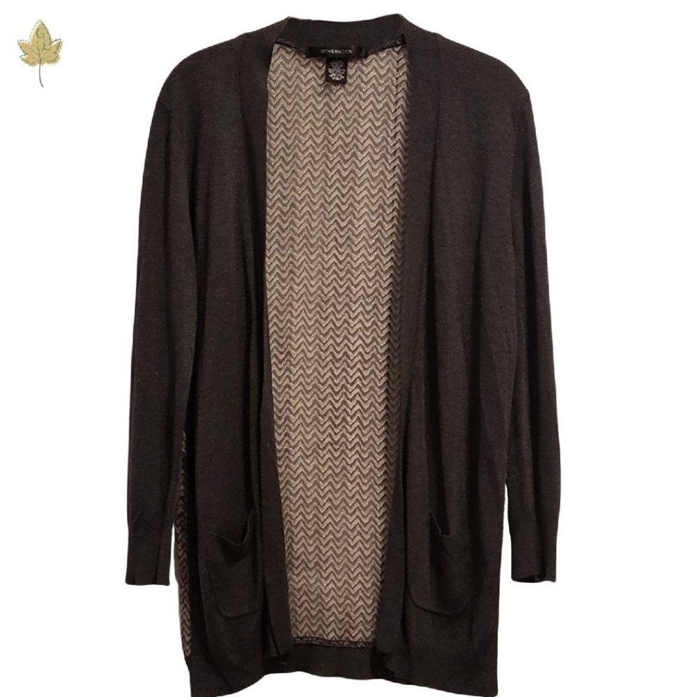 Gray Cardigan Sweater | 89th & Madison | Chevron Sheer Back - Open Front | Large